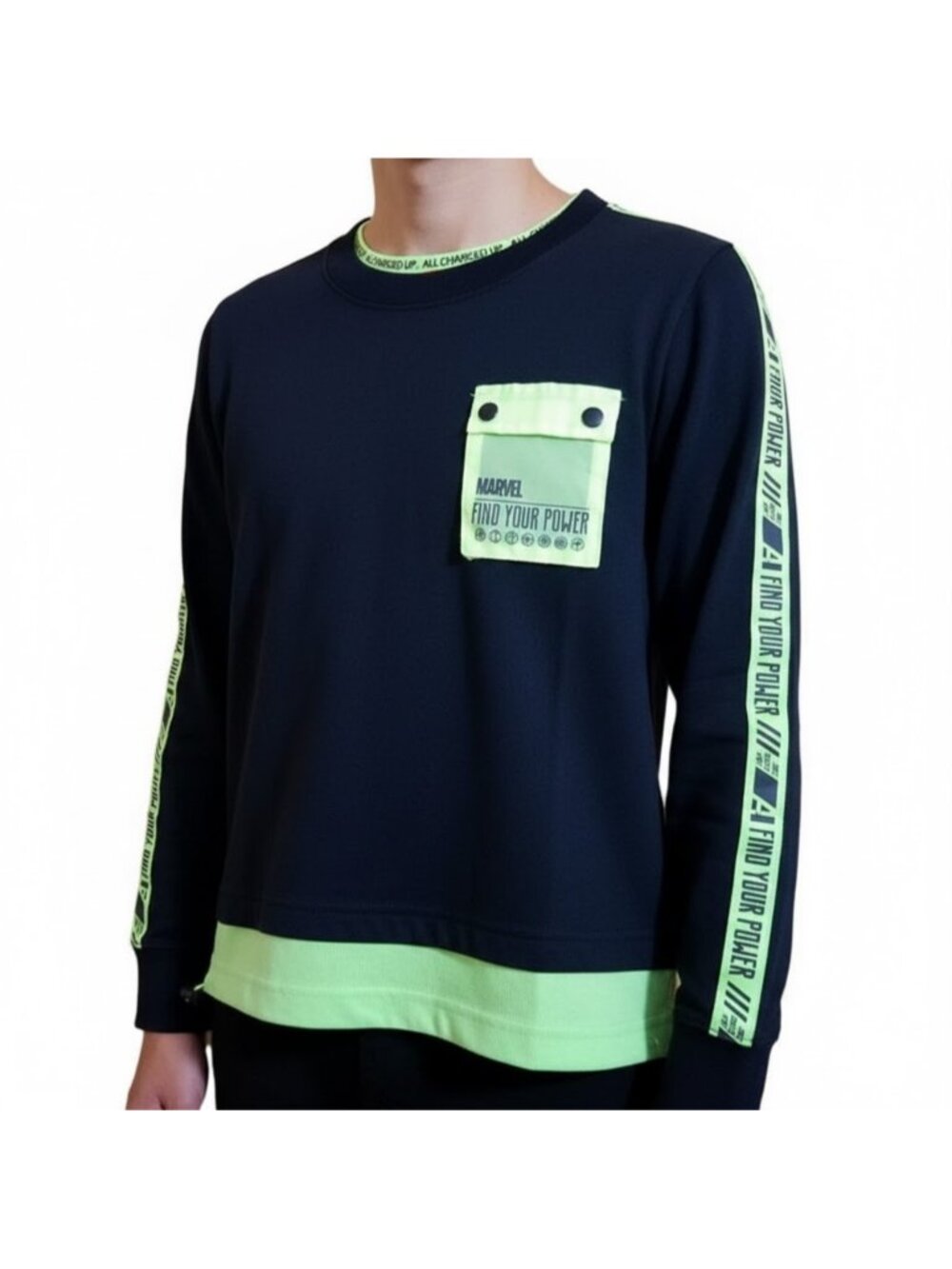 NWT Marvel Boys Size 14 Find Your Power Long Sleeve T-Shirt Neon Green Navy
